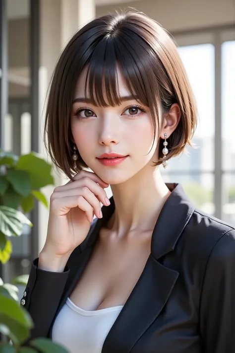 Side angle, short bob, bust-up shot, office lady, looking at viewer, clear makeup, bangs, in the office, full light, masterpiece