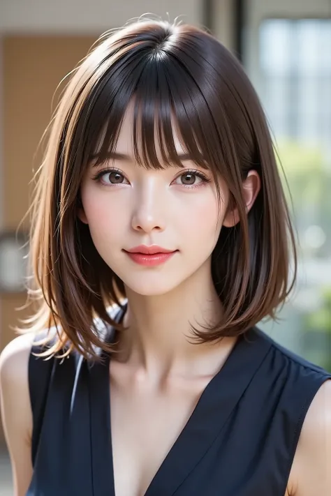 Side angle, short bob, bust-up shot, office lady, looking at viewer, clear makeup, bangs, in the office, full light, masterpiece