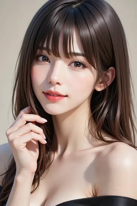 An enchanting solo woman in her 30s, depicted in a sophisticated realistic style. She has lustrous, long black hair flowing elegantly with bangs. She wears alluring, refined makeup with defined eyes and glossy nude-pink lips. She has natural and correct an...