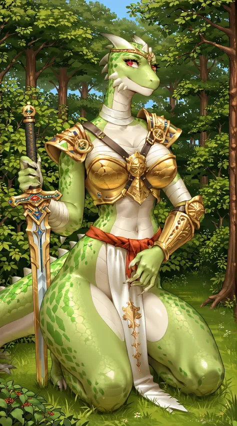 pixel art shading,planted-sword,giga_busty, female lizard warrior , , big boobs, anime, anime style, Highest Quality, 解剖学的にcorrect, correct, 超high definition, 8k, high definition,ギガbig boobs ,Tail, first-person view,, Reptiles , Golden Iron Breastplate...