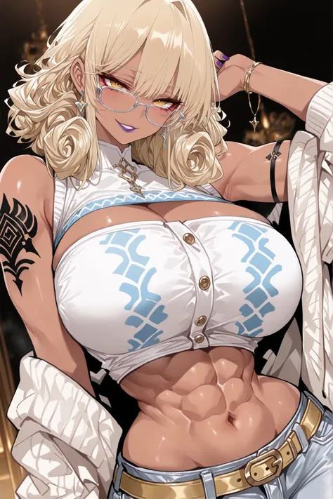 masterpiece, best quality, 1girl, solo, alone, score_9, score_8_up, score_7_up, anime screencap, BREAK 1girl, shoulder-length blonde curly hair with dark roots, voluminous tight curls, dark brown skin tone, minimal makeup with purple lips, large round silv...