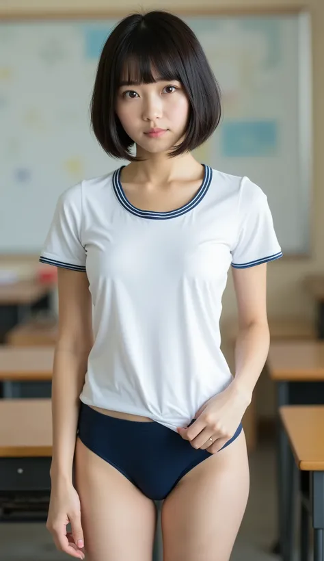 ((masterpiece,best image quality,photorealistic)),  completely naked ,(  young woman),short cut hairstyle,petite woman,1 person,((has dark navy blue lines on the collar、Round Neck White T Shirt ,dark navy micro panties,dark navy blue bloomer)), full body v...