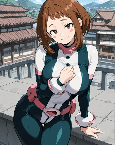 Ochaco Uraraka \My hero academia\, brown hair, short hair, blush stickers, brown eyes,
superhero, hero bodysuit, bodysuit, skin tight, black tights,
pink wrist guards,
pink belt,
happy, seductive expression, looking at viewer,
solo, standing, pin u...