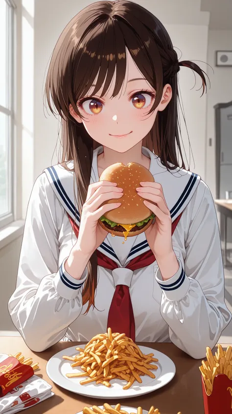 (BROWN AND LIGHT YELLOW GRADIENT IRIS EYE:1.2),Mizuhara Chizuru,1 Girl,View Me:1.3,brown hair:1.3,volume lighting:1.3,Open Your Eyes:1.5,(soft iris glow:1.5),normal chest,(YOUR FOODING POTATO FRIES:1.4),,masterpiece,ultra fine,High Quality,open your mouth ...