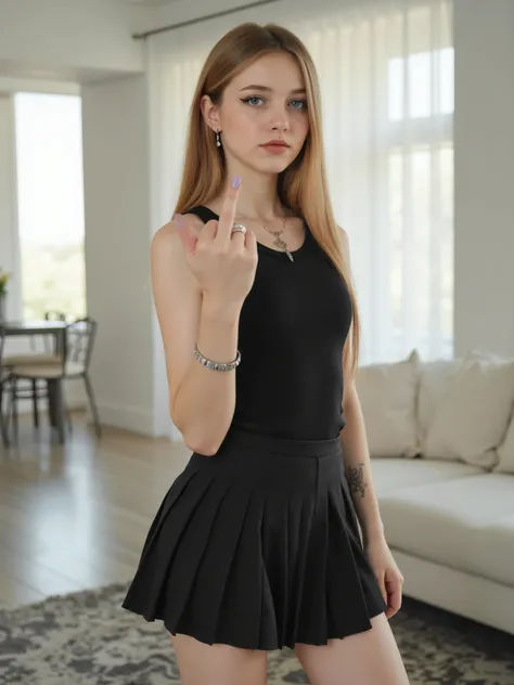 Showing thier middle finger,photorealistic full-length portrait of a young slender Russian woman with straight long dark blonde hair, middle part, hair falling past chest level, wearing black tank top on thin frame with visible collarbones, pleated black m...