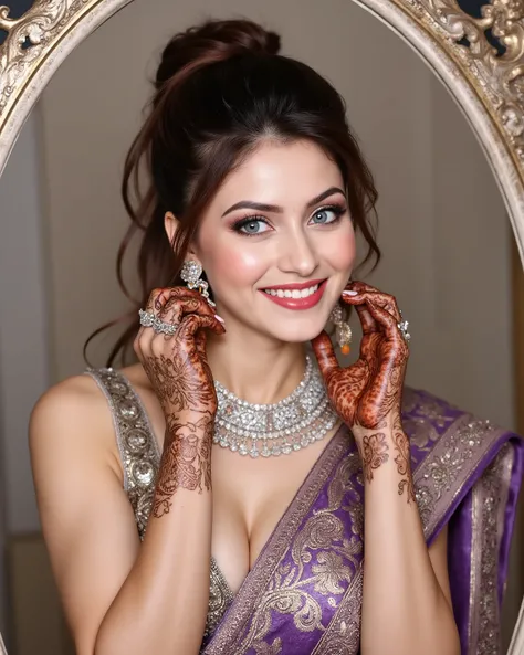 , Full body image of a 20-year-old Indian girl with smiling look, fair skin tone, light grey eyes, fox eyelashes, thin eyebrows, black eye liner, silver eyeshadow, natural blush, and red lipstick. Her hairs are brown, wavy and styled in a sleek pulled-top ...