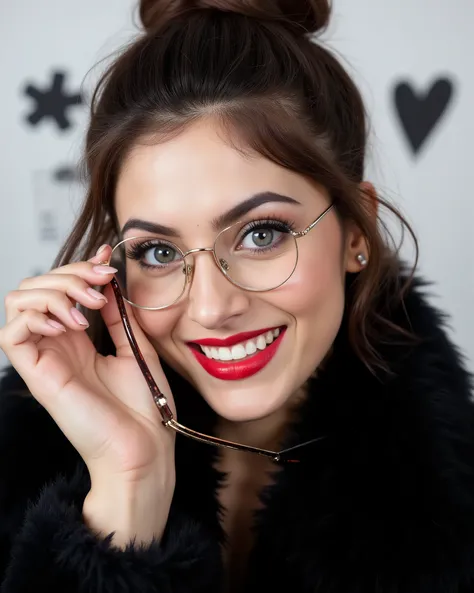 , A close-up portrait of a 20-year-old Indian girl with smiling look, fair skin tone, light grey eyes, fox eyelashes, thin eyebrows, black eye liner, silver eyeshadow, natural blush, and red lipstick. Her hairs are brown, wavy and has a bun with a few loos...