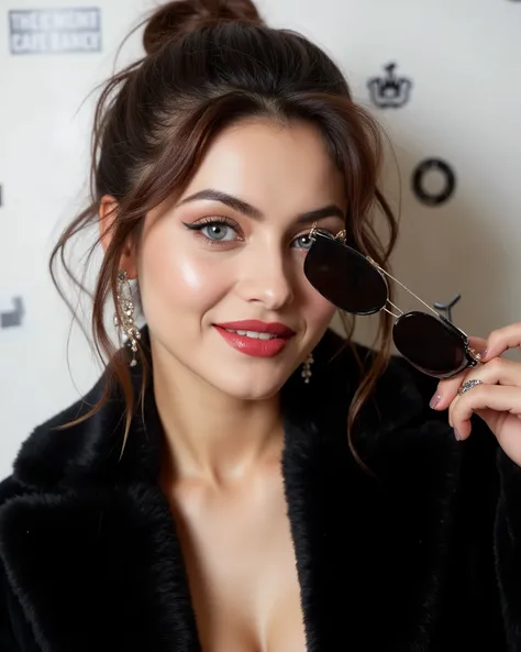 , A close-up portrait of a 20-year-old Indian girl with smiling look, fair skin tone, light grey eyes, fox eyelashes, thin eyebrows, black eye liner, silver eyeshadow, natural blush, and red lipstick. Her hairs are brown, wavy and has a bun with a few loos...