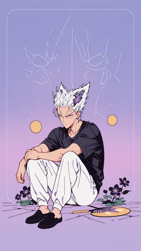 Anime character sitting on the floor on a purple background, 마법 회전 그림 속 handsome man, color dispersion, Magical Rotation Style, handsome , Former Devil King , Detailed Fan Art , 풀 컬러 illustration레이션 , Clean Line Drawing and Color , 죽음의 아름다운 man, Great ...