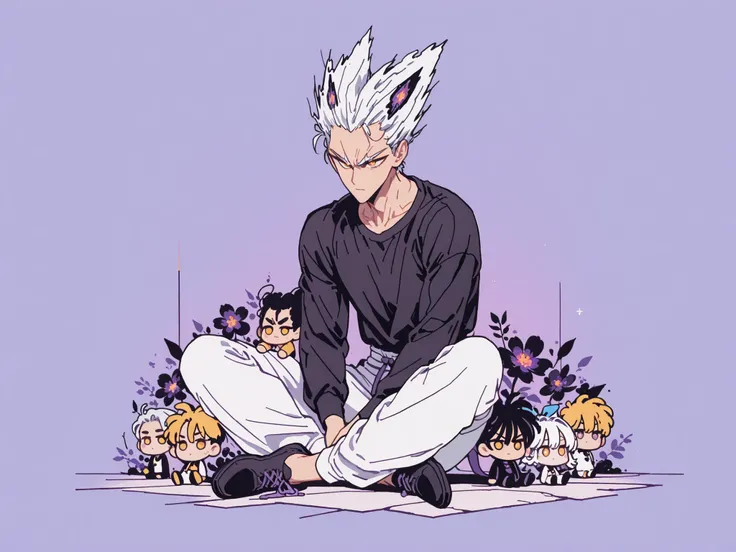 1인 man, sitting on the floor on purple background, 마법 회전 그림 속 handsome man, color dispersion, Magical Rotation Style, handsome , Former Devil King , Detailed Fan Art , 풀 컬러 illustration레이션 , Clean Line Drawing and Color , 죽음의 아름다운 man, Great Character ...