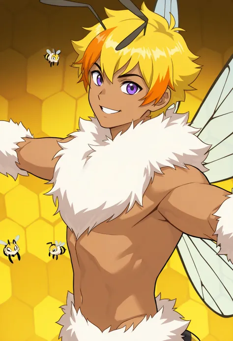 Man, tanned skin, yellow hair, orange highlights in his hair, smiling, focus on the character, looking at the viewer, bees, bee wings, open arms, walls of honey, strong physique, white fur on his chest, side view, anime style, antennae, adult, bottom view,...