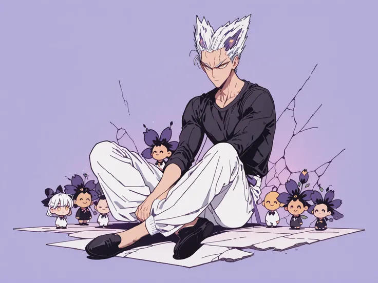 1인 man, Anime character sitting on the floor on a purple background, 마법 회전 그림 속 handsome man, color dispersion, Magical Rotation Style, handsome , Former Devil King , Detailed Fan Art , 풀 컬러 illustration레이션 , Clean Line Drawing and Color , 죽음의 아름다운 man...