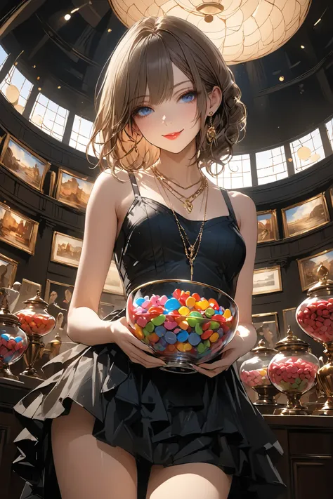 Candy Heist、((from below:1.2)),Candy in a Clear Bowl,holding a vessel with both hands,((beautiful girl with a smirking face))、full body,black dress、Large Antique Necklaces,Colorful Candy,Candy Aimer々、Inside the museum ,Many masterpieces、indirect lighting、m...