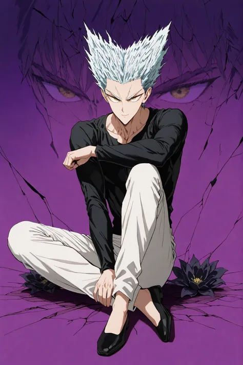 1인 man, sitting on the floor on purple background, 마법 회전 그림 속 handsome man, color dispersion, Magical Rotation Style, handsome , Former Devil King , Detailed Fan Art , 풀 컬러 illustration레이션 , Clean Line Drawing and Color , 죽음의 아름다운 man, Great Character ...