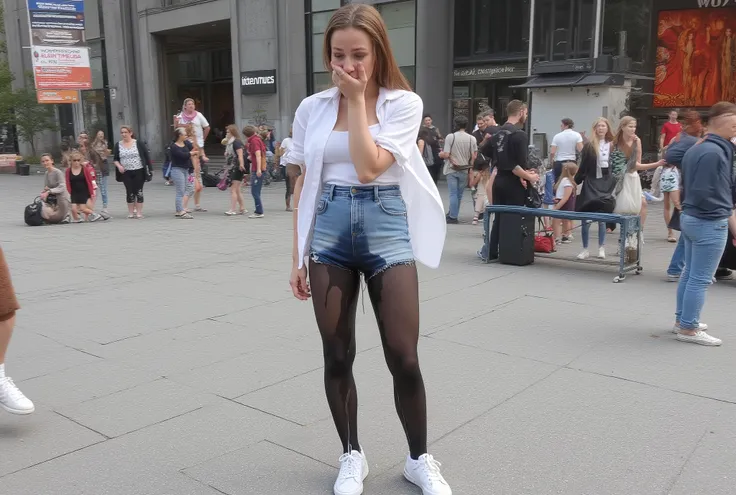 Picture of a drunk and wasted young woman, with brunette straight hair, looking embarassed at the camera, wearing black tights and a white leotard under jeans shorts, a white blouse, short white socks, and white sneakers. She is peeing herself completely. ...