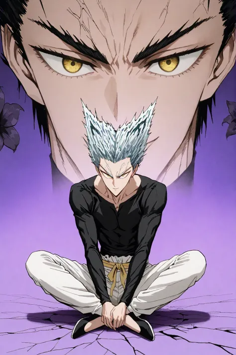 1인 man, Anime character sitting on the floor on a purple background, 마법 회전 그림 속 handsome man, color dispersion, Magical Rotation Style, handsome , Former Devil King , Detailed Fan Art , 풀 컬러 illustration레이션 , Clean Line Drawing and Color , 죽음의 아름다운 man...