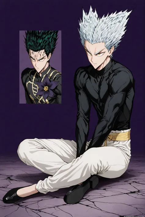 1인 man, Anime character sitting on the floor on a purple background, 마법 회전 그림 속 handsome man, color dispersion, Magical Rotation Style, handsome , Former Devil King , Detailed Fan Art , 풀 컬러 illustration레이션 , Clean Line Drawing and Color , 죽음의 아름다운 man...