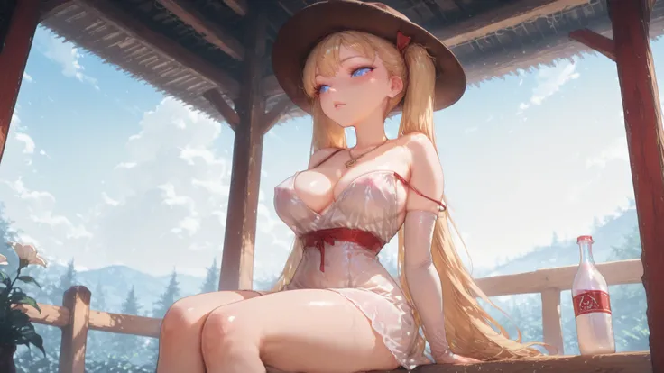 Airi Akizuki \(oni chichi\) a young cute cowgirl sitting on a wooden fence, relaxed pose, drinking milk from a glass bottle with a straw, wide-brimmed cowboy hat slightly tilted back, white dress sitting among a floral arrangement, the image also shows sof...