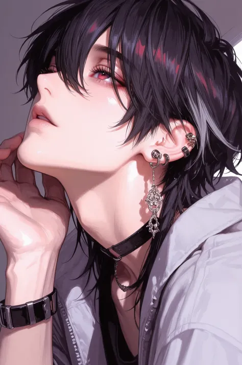 1boy, black hair, chinese style manhwa, gray tips, dark black and red eyes, long bangs, droopy sensual eyes, black bracelets, multiple ear piercings, masculine, long eyelashes, double eyelids, long lower lashes, jacket, punk fashion, low angle, looking up,...