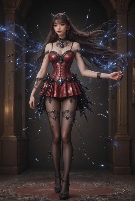 Long-distance photography, photography on below, full-body photography, masterpiece, semi-realistic. A 17-year-old Asian woman with a cute appearance, wearing Douyin-style makeup with rosy cheeks, and long eyelashes, with a tall, oily body, slender, small ...