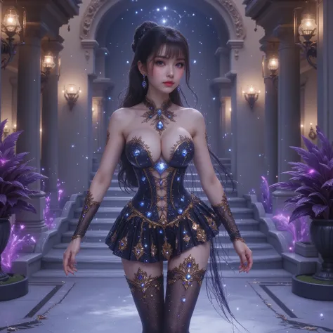 Long-distance photography, photography on below, full-body photography, masterpiece, semi-realistic. A 17-year-old Asian woman with a cute appearance, wearing Douyin-style makeup with rosy cheeks, and long eyelashes, with a tall, oily body, slender, small ...