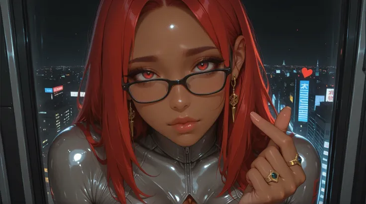 masterpiece, best quality, amazing quality, hyper-detailed, newest, very aesthetic, face close up, 1girl, finger heart, red hair, parted bangs, long plait, black glasses, brown skin, gray latex bodysuit, cleavage, thick lips, closed mouth, red eyes, lookin...