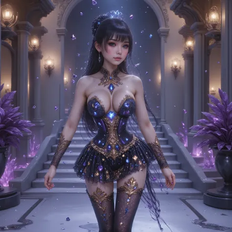 Long-distance photography, photography on below, full-body photography, masterpiece, semi-realistic. Anime style, A 17-year-old Asian woman with a cute appearance, wearing Douyin-style makeup with rosy cheeks, and long eyelashes, with a tall, oily body, sl...