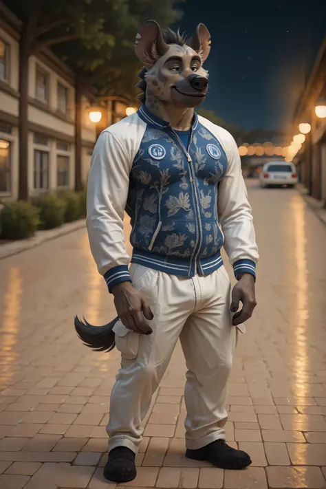 (((Chungu))), hyena boy, college student, bara, solo, college_jacket, blue and white college jacket, white sleeves, blue middle part, porcelain drawing pattern, long pants, intricate background, university campus, bokeh, inspiring, moody lights, (((end_del...