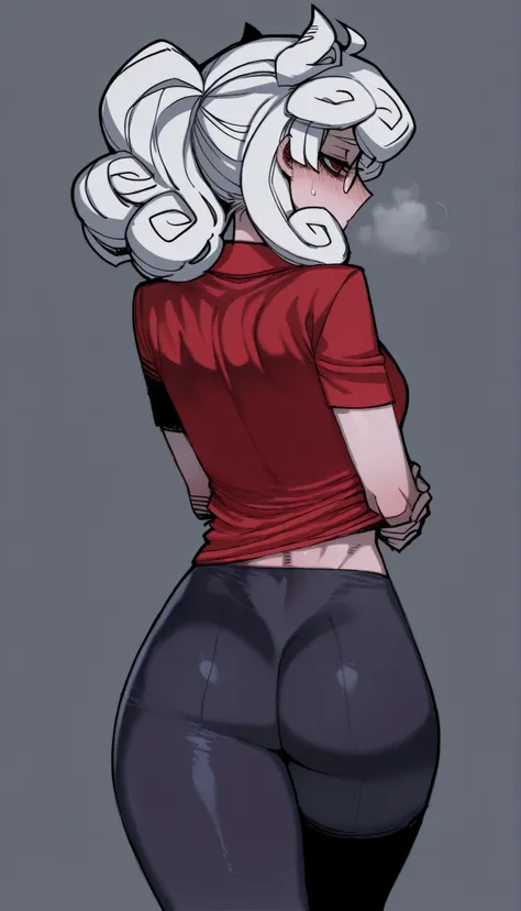 Ratatatat74 style, masterpiece, best quality, artist:(Ratatatat74) 1girl, Pandemonica de helltaker in leggings, red turtleneck t-shirt, from behind, looking over her shoulder