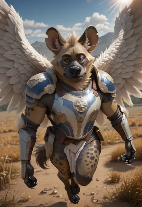 masterpiece, best quality, very aesthetic, newest, 2024, ((Chungu hyena)), ((male)), ((spotted tan fur)), ((view from above)), ((flying)), ((suspended in mid-air)), ((outstretched arms holding daggers)), ((foreshortening)), ((light beams)), ((claws)), ((mo...