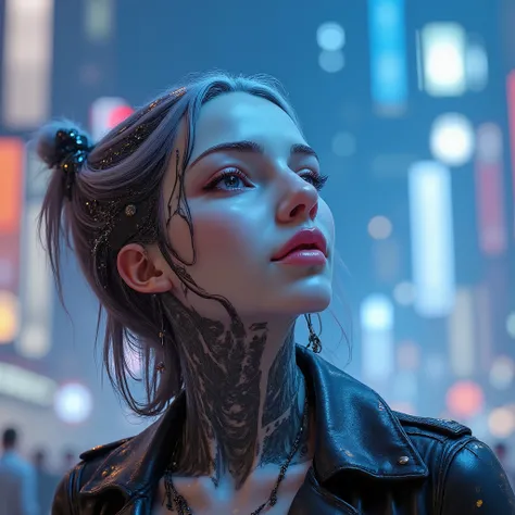A beautiful young woman gazes dreamily up at the sky in a cyberpunk city. She looks like she stepped out of an anime poster. The city is incredibly colorful. The woman has somewhat long hair. Her eyes are closed as she looks up at the sky, smiling. She has...