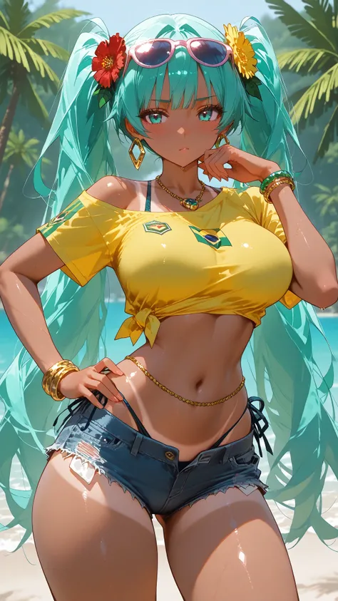 8k wallpaper 、 best quality 、Masterpiece、masterpiece ,Super Detailed, large breast, thick thighs, uncensored ,beautiful face,cute,1girl,brmeek, twintails, aqua hair , aqua eyes , very long hair, dark-skinned female, tanlines,hair flower, hoop earrings, e...