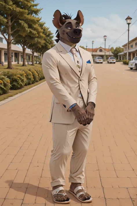 (((Chungu))), hyena boy, college student, bara, solo, barefoot, plantigrade, nice furry feet, blue and white formal suit, porcelain drawing pattern, long pants, weraing sandals, white sandals, ((PRGN2221_SANDALS)), toe ring sandals, bigtoe loop sandals, in...