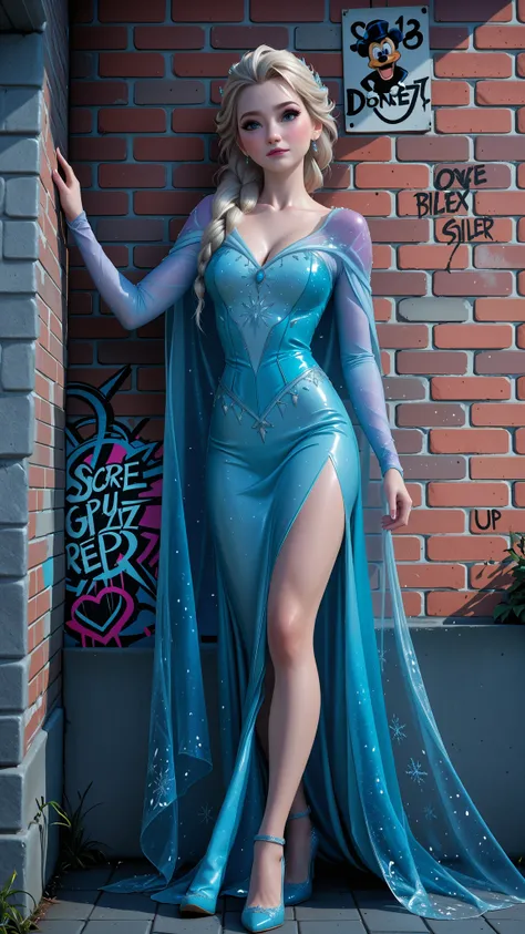 score_9, score_8_up, score_7_up, score_6_up, cinematic film still, 1girl, full frontal view,, Disney 3D render, , elsa de frozen, , front, slimlegs, massive slider breasts, , tight vinyl clothing , , transparent cloth, 3D , Disney style , ,, brick wall...