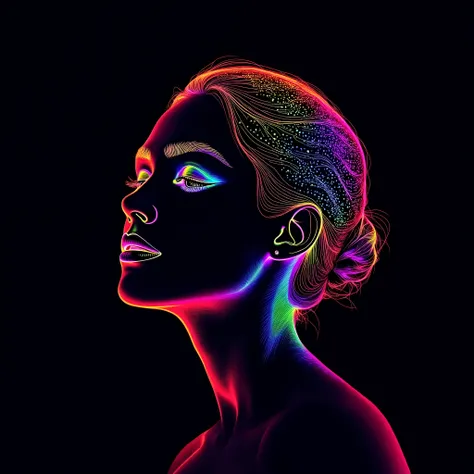 profile face of woman, digital art of in the style of dot matrix
with rainbow gradients on a black background, 2D vector graphics
illustrations in a bright color style with white outlines