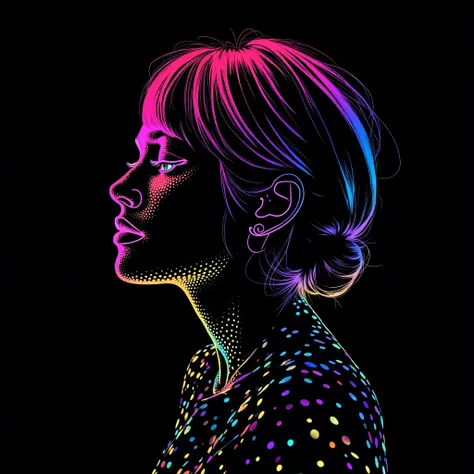 profile face of woman, digital art of in the style of dot matrix
with rainbow gradients on a black background, 2D vector graphics
illustrations in a bright color style with white outlines