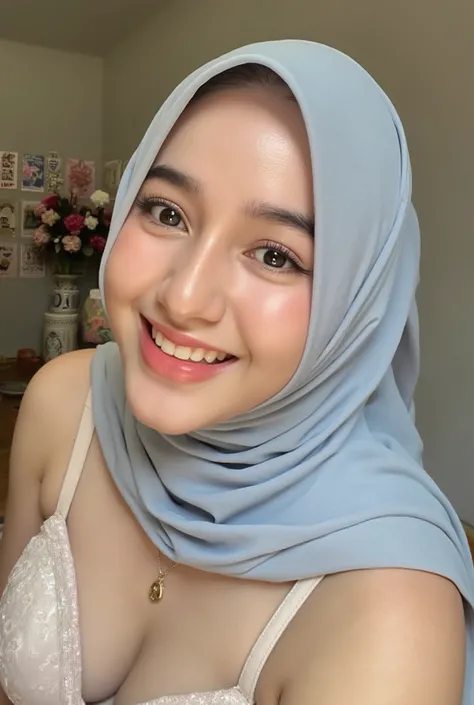 A close-up photo of NadiaAulia with soft pale blue hijab. She is looking at the viewer with bright and loving eyes, slime smile. Perlihatkan gigimu, She is leaning forwardal.,, very detailed. She is wearing a perfect white bra, in beige room with some deco...