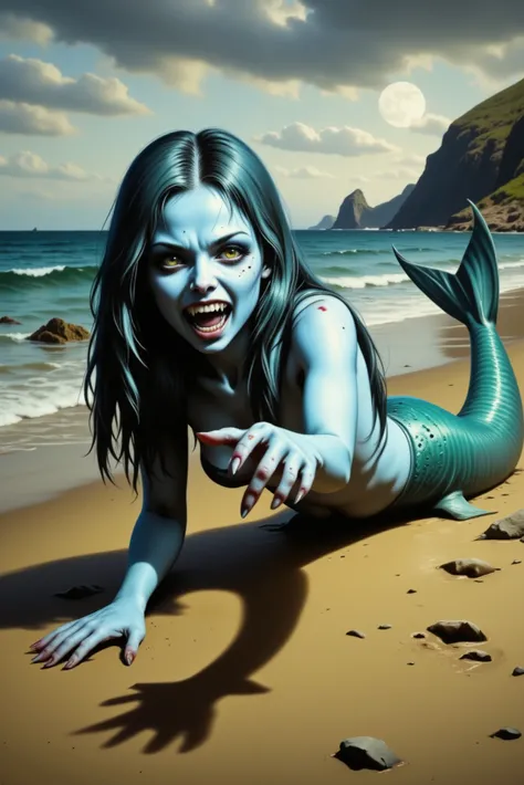 A realistic photograph in a mythological setting. A terrifying mermaid lies prone on a beach, her torso supported by her forearms as she crawls across the sand. Her skin is deep aquatic blue, textured with subtle scales. Her eyes are large, yellow, and fis...