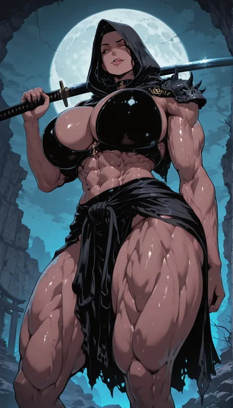 A dark fantasy female warrior with a fully covered hooded face, no visible eyes or mouth, extremely muscular and toned body with detailed abs, holding two katanas, wearing dark cloth around her waist, cinematic lighting, misty moonlit background, ultra det...
