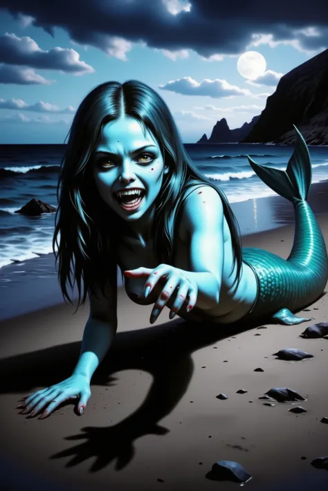 A realistic photograph in a mythological setting. A terrifying mermaid lies prone on a beach, her torso supported by her forearms as she crawls across the sand. Her skin is deep aquatic blue, textured with subtle scales. Her eyes are large, yellow, and fis...