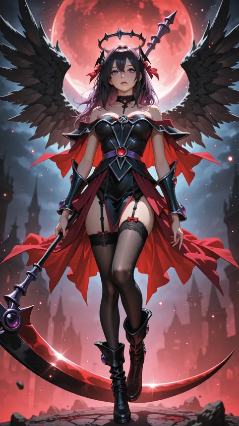 Darck magician girl. PhotoRealistic、(Horror Taste:0.7)、(fantastic)、(contrast between light and shadow、solo、Fallen Angel Girl、(Black half shattered angel halo)、dark haired、Purple Eyes、Cold look、Red and Black Gothic Dress、Garter belt up to the thigh、black st...