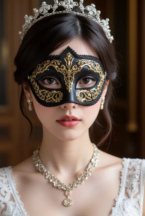 (Highest Quality、Table Top、8k、Highest Quality、winning work)、(Japanese bride who covered her face with a Venetian mask:1.5)、(Chunky and Sturdy Black and Gold Giant Venetian Mask:1.5)、、(Exquisite and Exclusive Black and Gold Beautiful Venetian Mask:1.5)、(Ven...