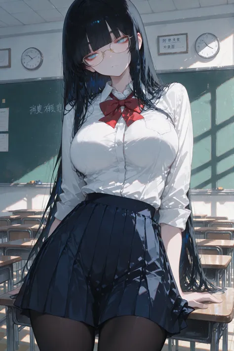 Masterpiece, high quality, one girl, high school student, great figure, big breasts, black hair, long straight hair, thick bangs, blue eyes, sharp eyes, Shimobuchi glasses, uniform, white shirt, dark blue skirt, red uniform ribbon, black tights, daytime cl...