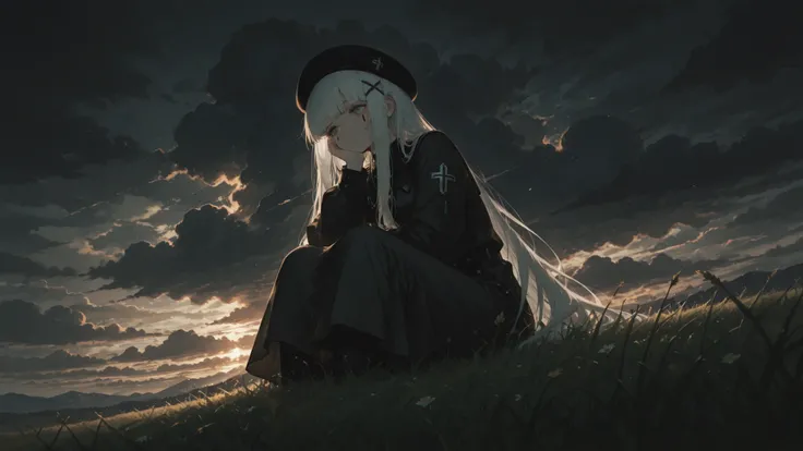 hat,beret,black headwear,very long hair,white hair,x hair ornament,sidelocks,blunt bangs,green eyes,facial mark,teardrop,A powerful low-angle view of a girl, seemingly one with the landscape, sitting in a vast, empty grassland. The sky is a monumental expa...