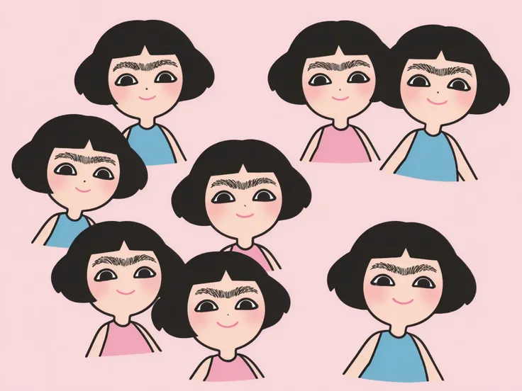 thick eyebrows, exaggerated eyebrows, expressive eyebrows, curved eyebrows, black eyebrows, monobrow, unibrow, heavy eyebrows, eyebrow focus, eyebrow expression, stylized eyebrows, cartoon eyebrows, cute character, stylized girl, short hair, black hair, ro...