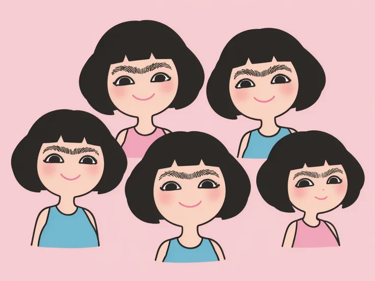 thick eyebrows, exaggerated eyebrows, expressive eyebrows, curved eyebrows, black eyebrows, monobrow, unibrow, heavy eyebrows, eyebrow focus, eyebrow expression, stylized eyebrows, cartoon eyebrows, cute character, stylized girl, short hair, black hair, ro...
