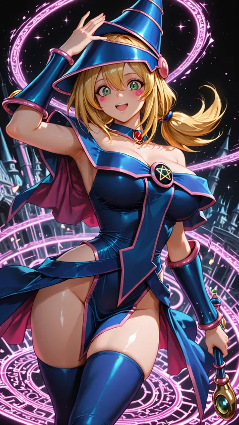 (score_9:0.9),score_8_up,score_7_up,rating_safe,(zPDXL),(zPDXL3),dark magician,solo,green eyes,purple wizard hat,purple hair,upper body,looking at viewer,1girl,purple wizard clothes,magic circle,MEDIUM breasts,thick thighs,small waist,  NSFW, glass cover, ...