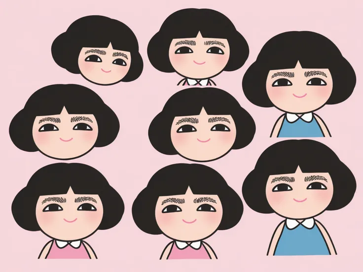 thick eyebrows, exaggerated eyebrows, expressive eyebrows, curved eyebrows, black eyebrows, monobrow, unibrow, heavy eyebrows, eyebrow focus, eyebrow expression, stylized eyebrows, cartoon eyebrows, cute character, stylized girl, short hair, black hair, ro...