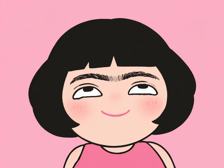 thick eyebrows, exaggerated eyebrows, expressive eyebrows, curved eyebrows, black eyebrows, monobrow, unibrow, heavy eyebrows, eyebrow focus, eyebrow expression, stylized eyebrows, cartoon eyebrows, cute character, stylized girl, short hair, black hair, ro...