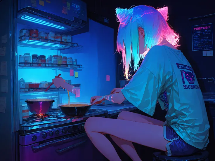 masterpiece, 8k, Highest Quality, detail, high resolution, Digital Painting, anime portrait of a defiant young woman in the sharehouse kitchen at 2AM, (low key lighting:1.4) from the refrigerator illuminating her face, blue and pink dyed hair in messy spac...